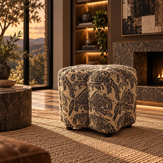 Stattera Amari Stool in Graphite Ivory, featuring soft ivory chenille upholstery with an abstract graphite pattern and a compact sculptural form.