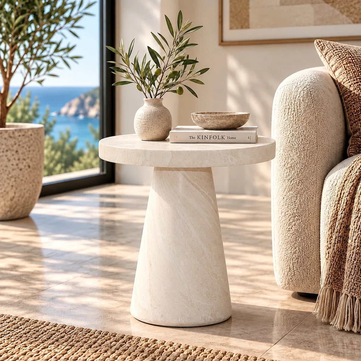 Gallery Everyday Angelo Side Table in Lunar Quartz, featuring a round stone top and tapered pedestal base in a bright modern living room.