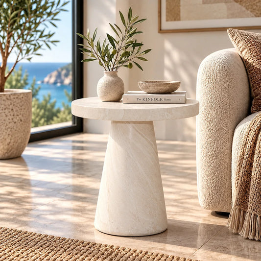 Gallery Everyday Angelo Side Table in Lunar Quartz, featuring a round stone top and tapered pedestal base in a bright modern living room.