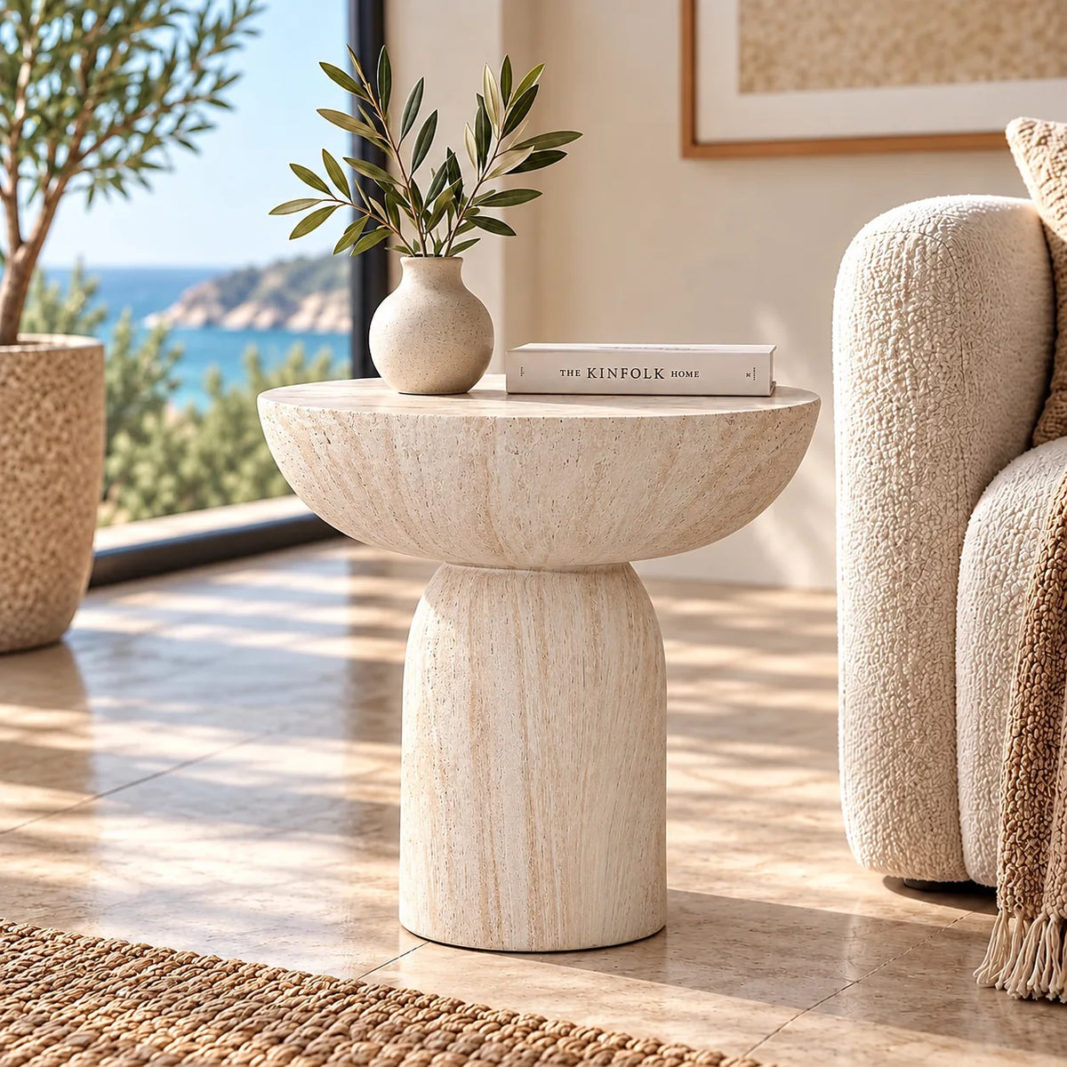 Gallery Everyday Aquila Side Table in Seashell, featuring a round travertine-look top and pedestal base in a warm beige finish.
