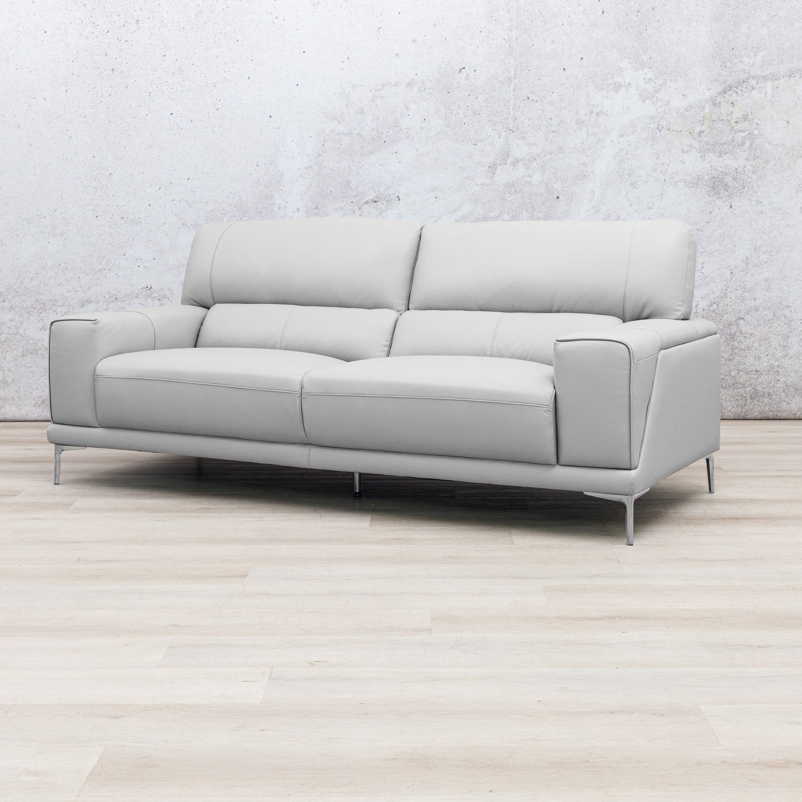 Leather Gallery Atlanta 3 Seater Leather Couch in Luxe Beige, featuring a modern design and light leather upholstery.