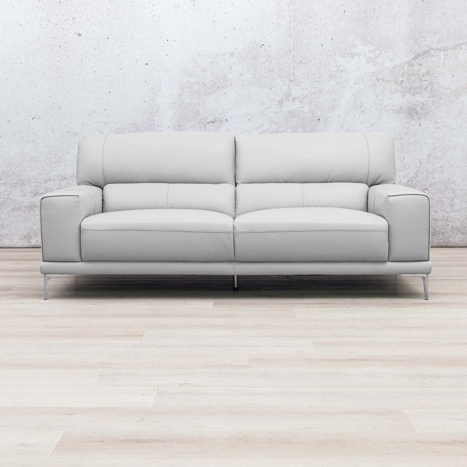 Leather Gallery Atlanta 3 Seater Leather Couch in Luxe Beige, featuring a modern design and light leather upholstery.