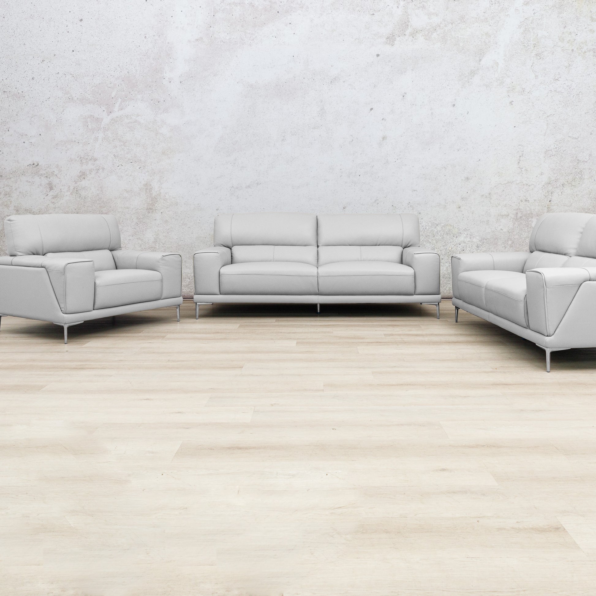 Leather Gallery Atlanta 3+2+1 Leather Lounge Suite in Luxe Beige, featuring matching 3 seater, 2 seater, and 1 seater leather seating.