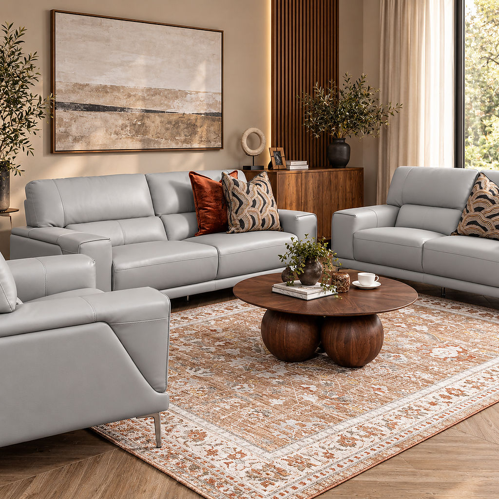 Atlanta Leather Lounge Suite - Luxe beige - in a minimalist lounge setting | Leather lounge suite, leather couch, leather couch set 