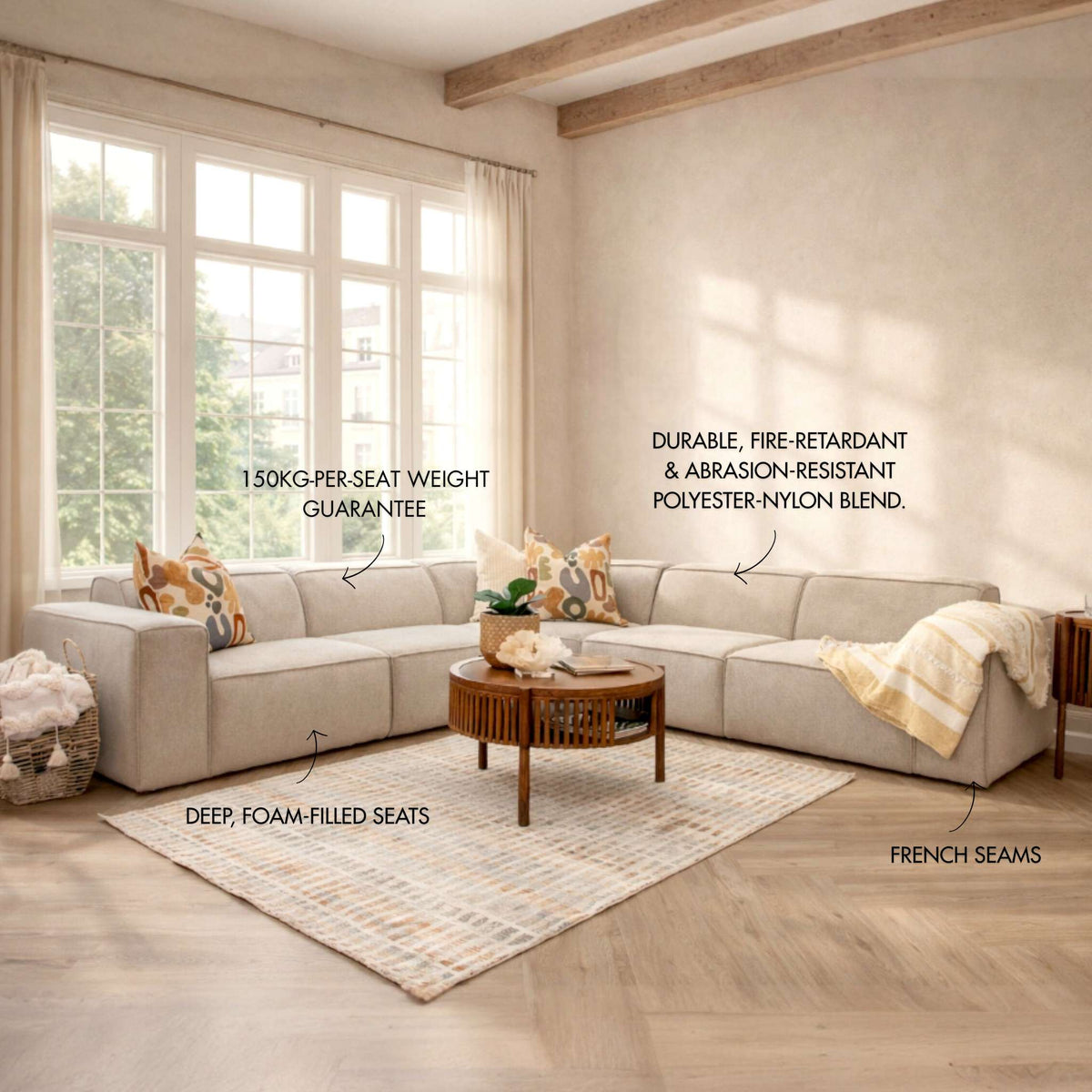 Austin Fabric 5-seater L-sectional couch in Belle Beige polyester-nylon fabric. | L shaped couches, fabric corner sofa, corner couches, luxury couches
