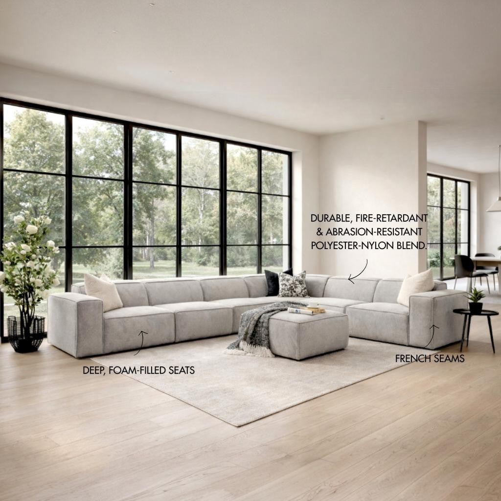 Austin Fabric L-sectional 6-seater couch in Bordeaux Grey. | L shaped couch, corner couches, modular sectional couch, fabric corner couch