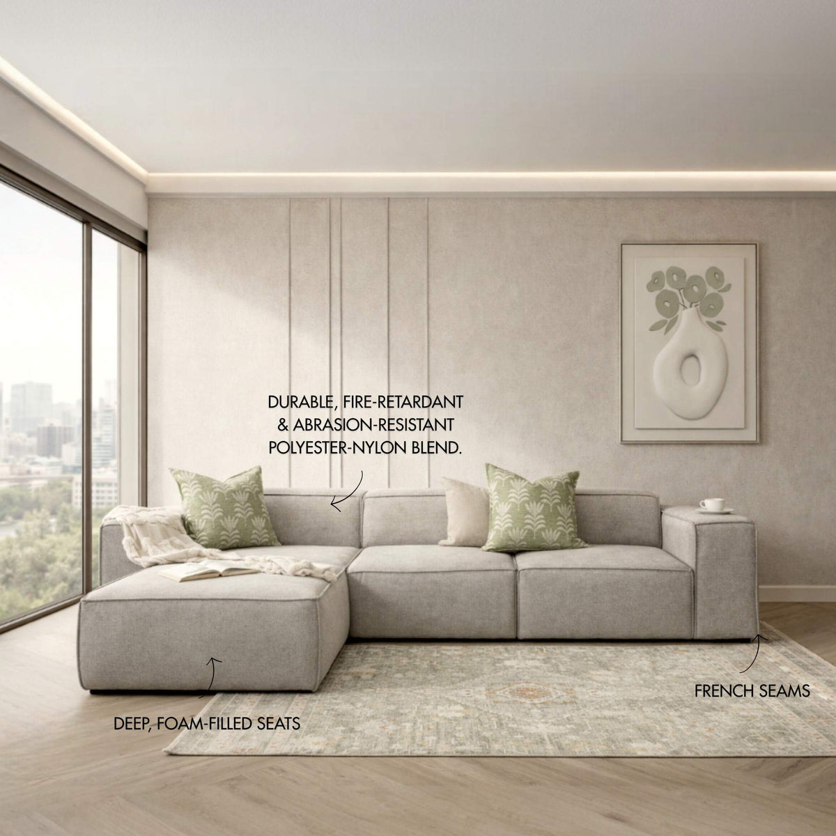 Leather Gallery Austin Fabric Sofa Chaise Sectional in Bordeaux Grey, featuring a modern grey sectional design with decorative cushions.