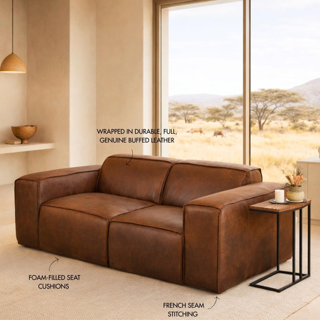 Austin 2 Seater Leather Couch in Woodlands Spice, in a bright, modern-minimalist styled living room. Genuine leather couches.  