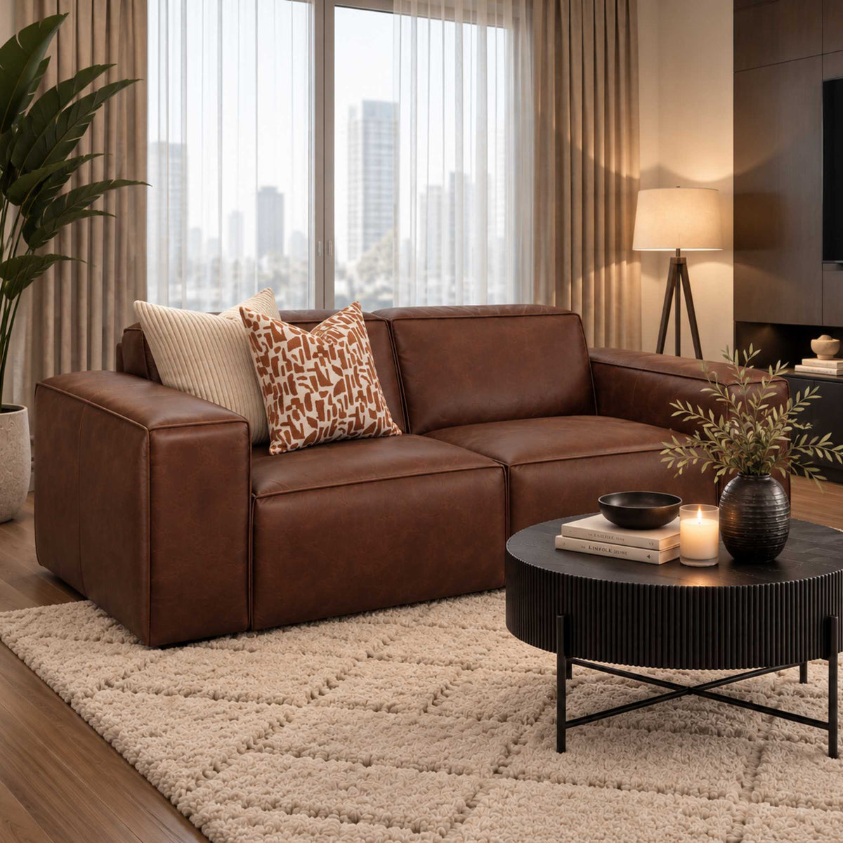 Leather Gallery Austin 2 Seater Leather Couch in rich brown, styled in a contemporary living room with a side table and scenic window view. woodlands spice