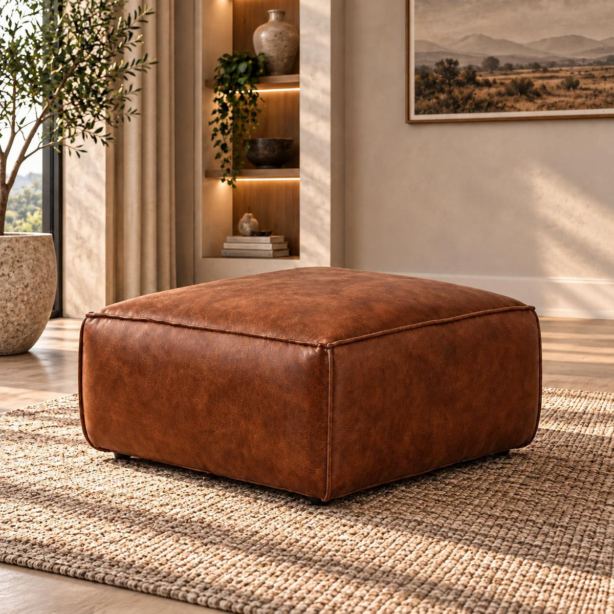 Leather Gallery Austin Leather Ottoman in Woodlands Spice, featuring rich brown leather upholstery on a light wood floor.