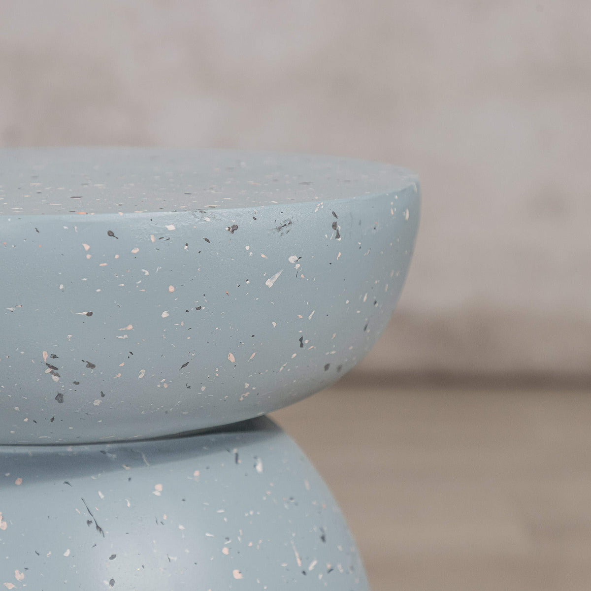 Gallery Everyday Azura Side Table in Sky Mist, featuring a two-tiered concrete design with a speckled light blue finish.
