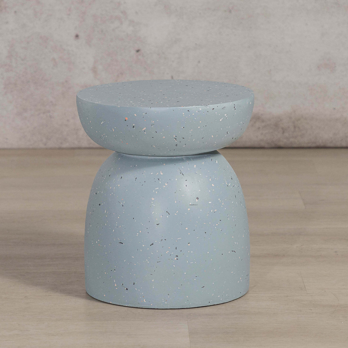 Gallery Everyday Azura Side Table in Sky Mist, featuring a two-tiered concrete design with a speckled light blue finish.