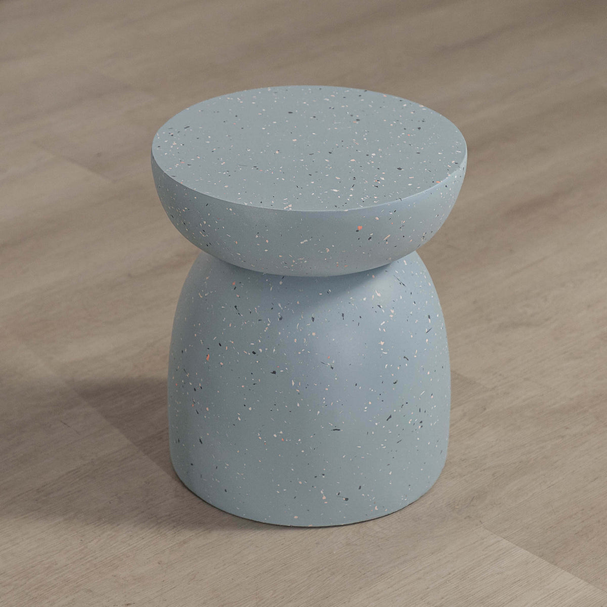 Gallery Everyday Azura Side Table in Sky Mist, featuring a two-tiered concrete design with a speckled light blue finish.