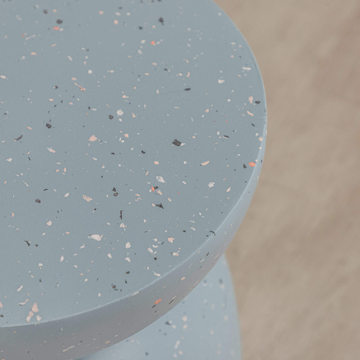 Gallery Everyday Azura Side Table in Sky Mist, featuring a two-tiered concrete design with a speckled light blue finish.