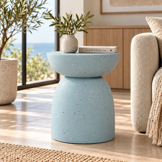 Gallery Everyday Azura Side Table in Sky Mist, featuring a two-tiered concrete design with a speckled light blue finish.