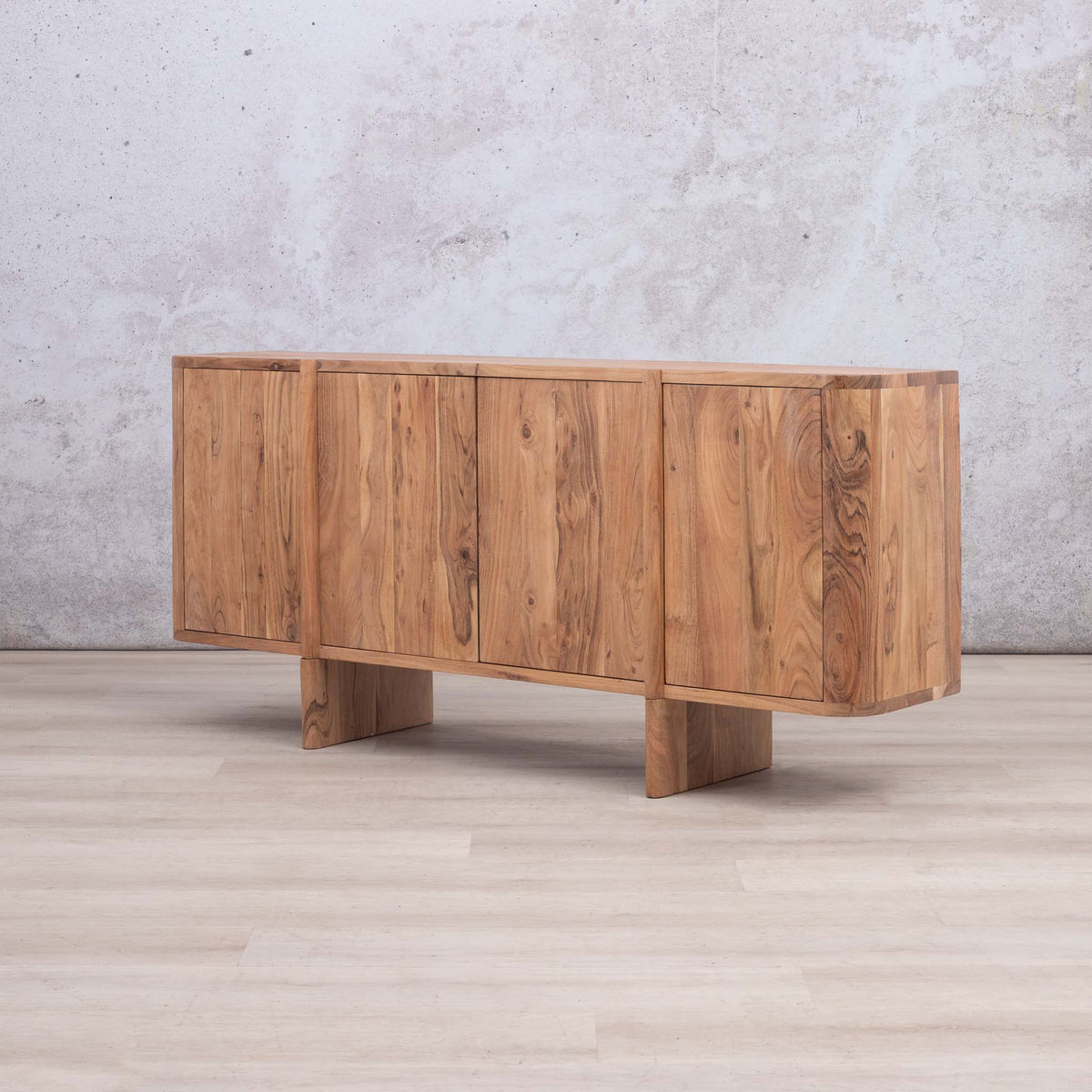 Leather Gallery Baltic Sideboard in Acacia wood, featuring four doors, block-style legs, and a warm natural finish.