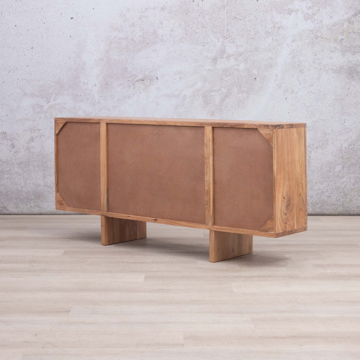 Leather Gallery Baltic Sideboard in Acacia wood, featuring three brown leather panels, natural wood framing, and block-style feet.