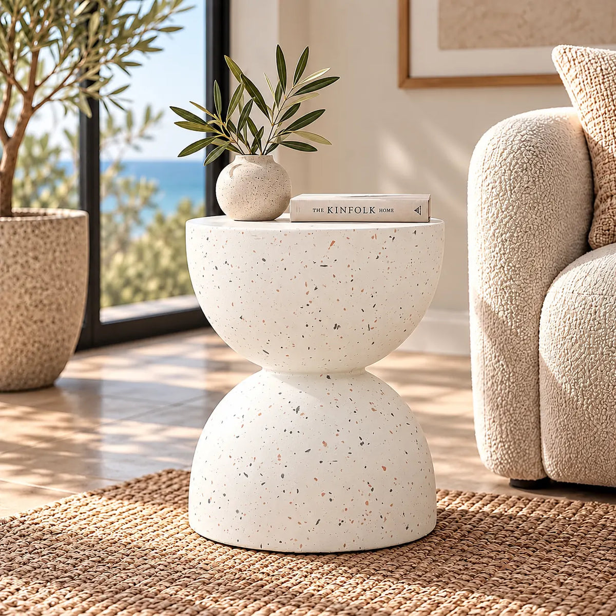 Gallery Everyday Bellini Side Table in Stone, featuring a two-tiered concrete design in a warm off-white speckled finish.
