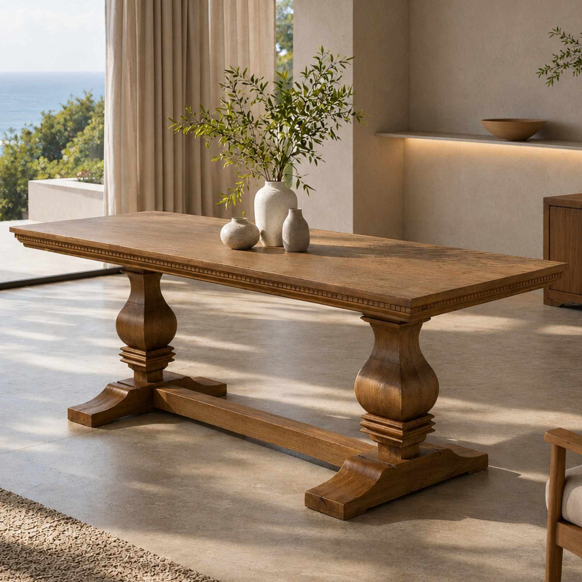 Side profile of the Belmont 10 seater wooden dining table showing its solid Oakwood build and elegant double-pillar base- antique natural oak