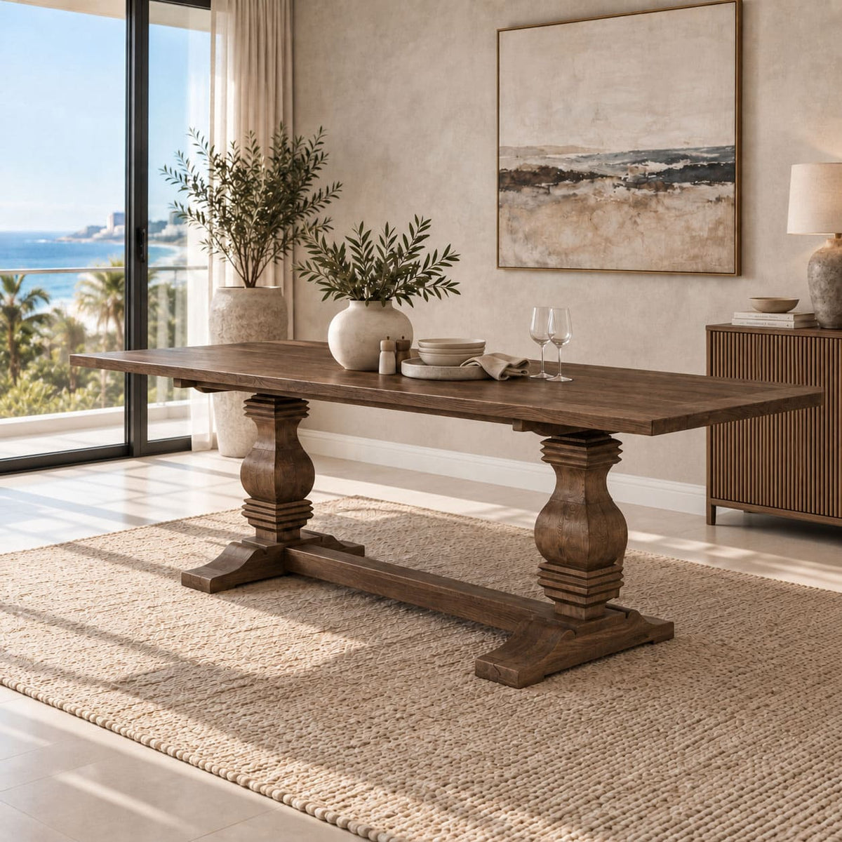 Front view of the Belmont Wood Top Dining Table – 2.4m in Antique Dark Oak, showcasing the table’s bold, sophisticated design and sturdy wood construction. Leather Gallery 