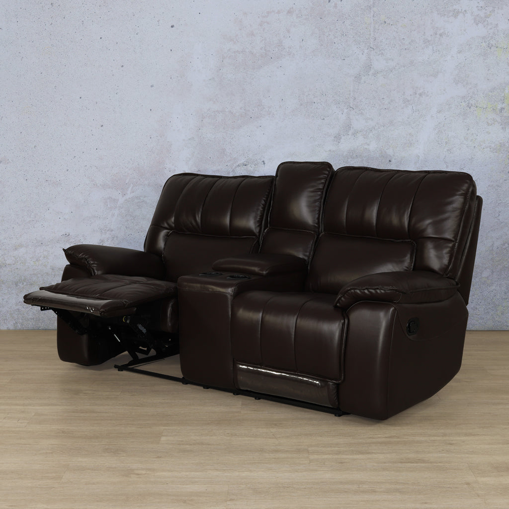 Bentley Leather 2-seater Home Theatre  Recliner in Imperial Choc Angle View with recliner open.