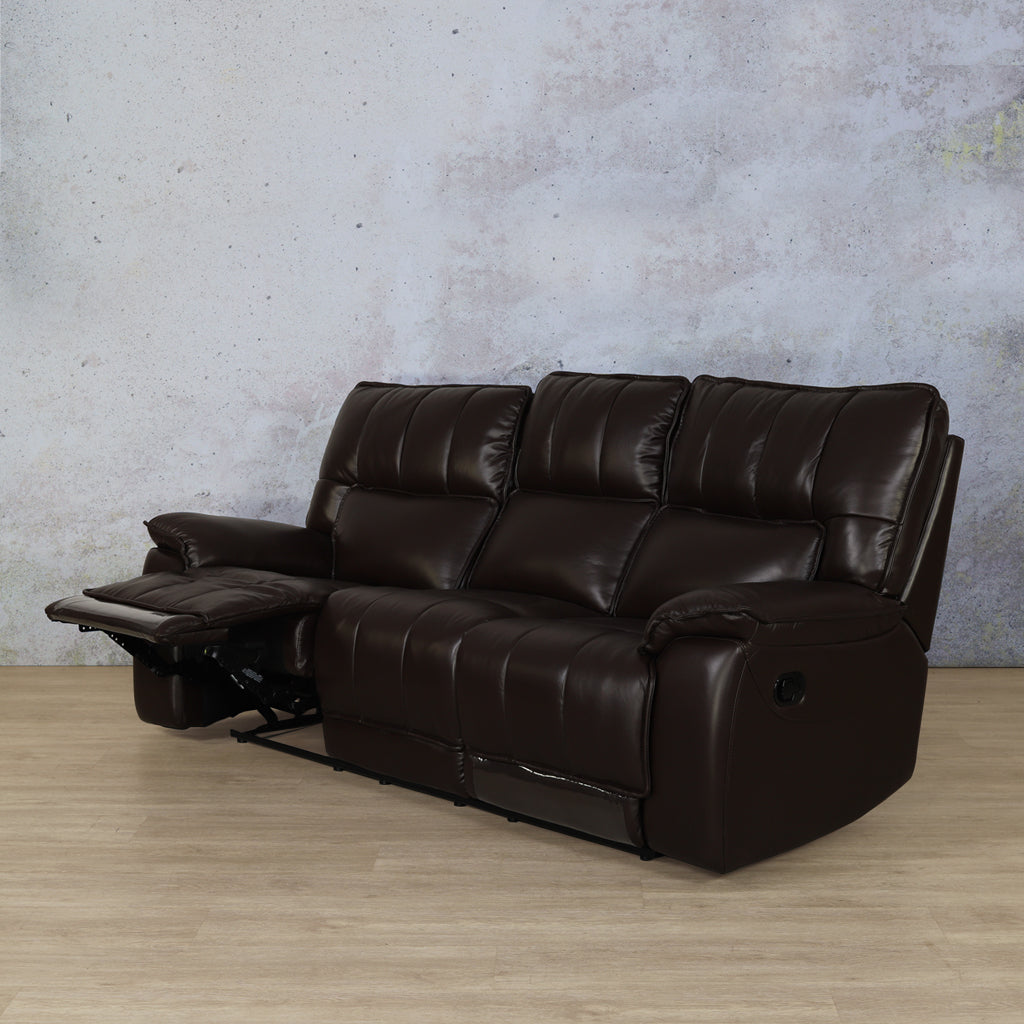 Bentley Leather 3-seater Recliner in Imperial Choc Angle View with open recliner. 