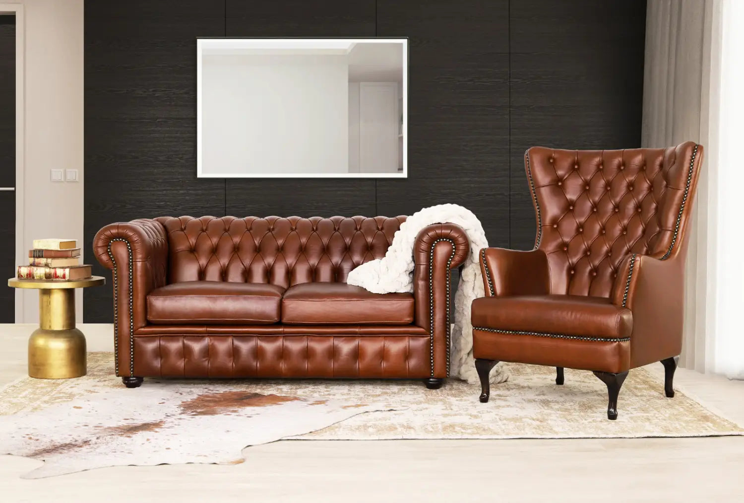 Explore the Kingston 2-Seater Sofa and Salina Wingback Occasional Chair in Full Genuine Leather with Tufted Upholstery.
