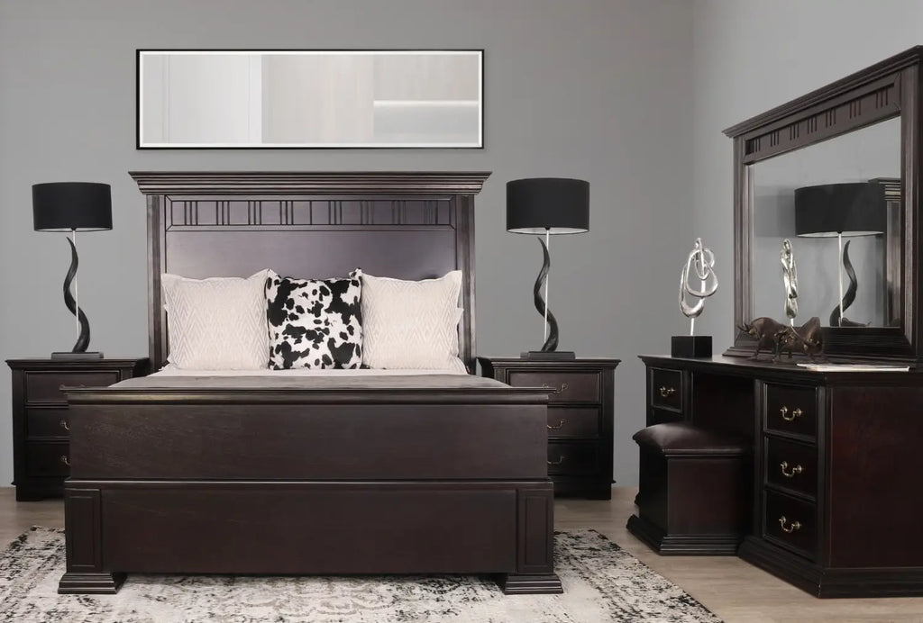Create a luxurious brown-themed bedroom with the Milan 5-piece bedroom set, complete with a decorative headboard and leather-upholstered stool.