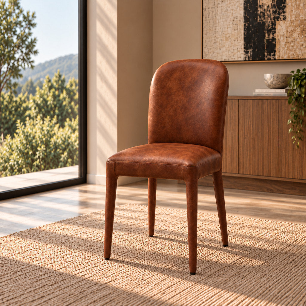 Stattera Cyrus Leather Chair in Vintage Cognac, featuring a curved backrest, warm brown leather upholstery, and tapered wooden legs.
