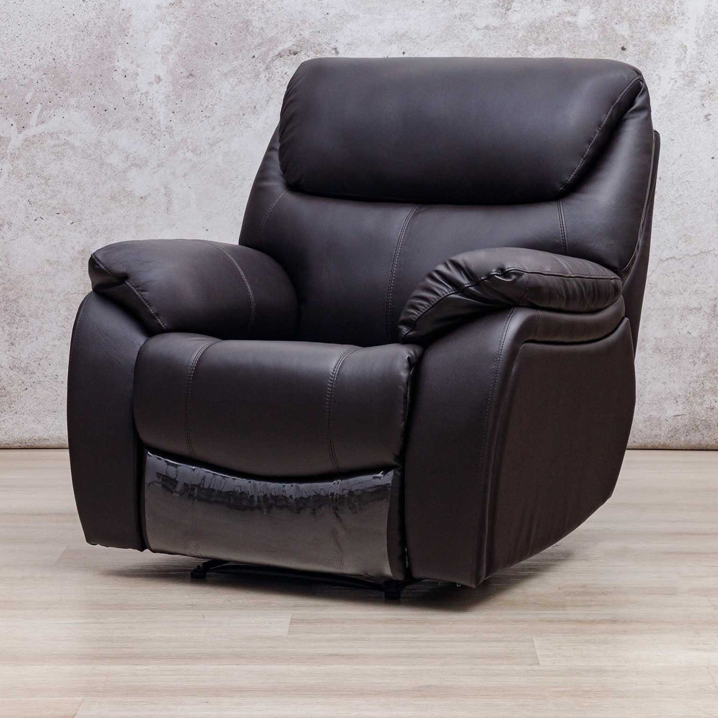 Leather Gallery Cairo 1 Seater Leather Recliner in Choc, featuring a high backrest and padded armrests.