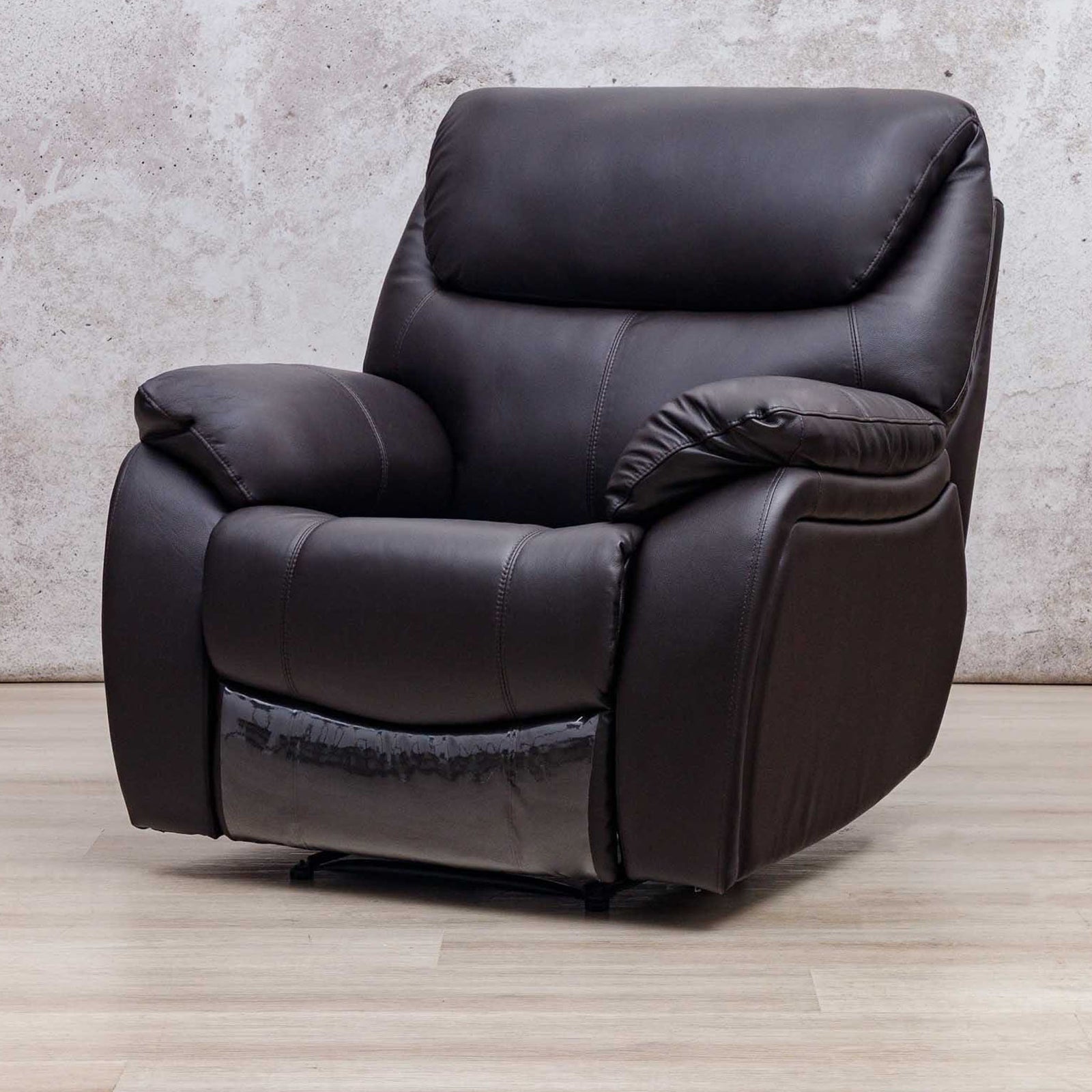 Leather Gallery Cairo 1 Seater Leather Recliner in Choc, featuring a high backrest and padded armrests.