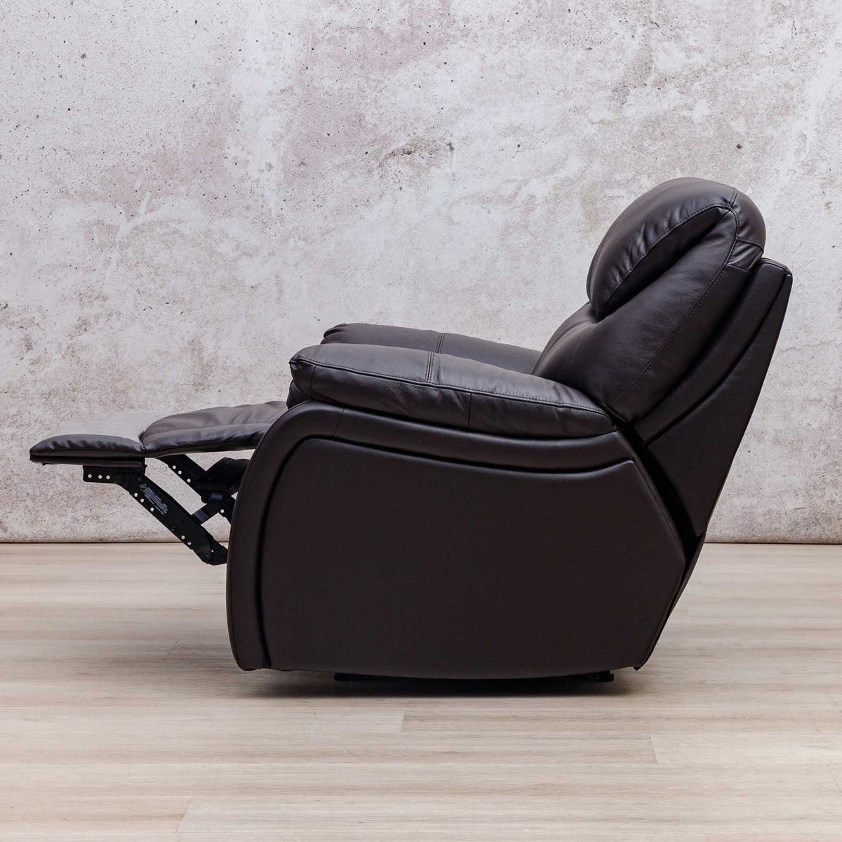Side view of the Leather Gallery Cairo 1 Seater Leather Recliner in Choc, shown with the footrest extended.