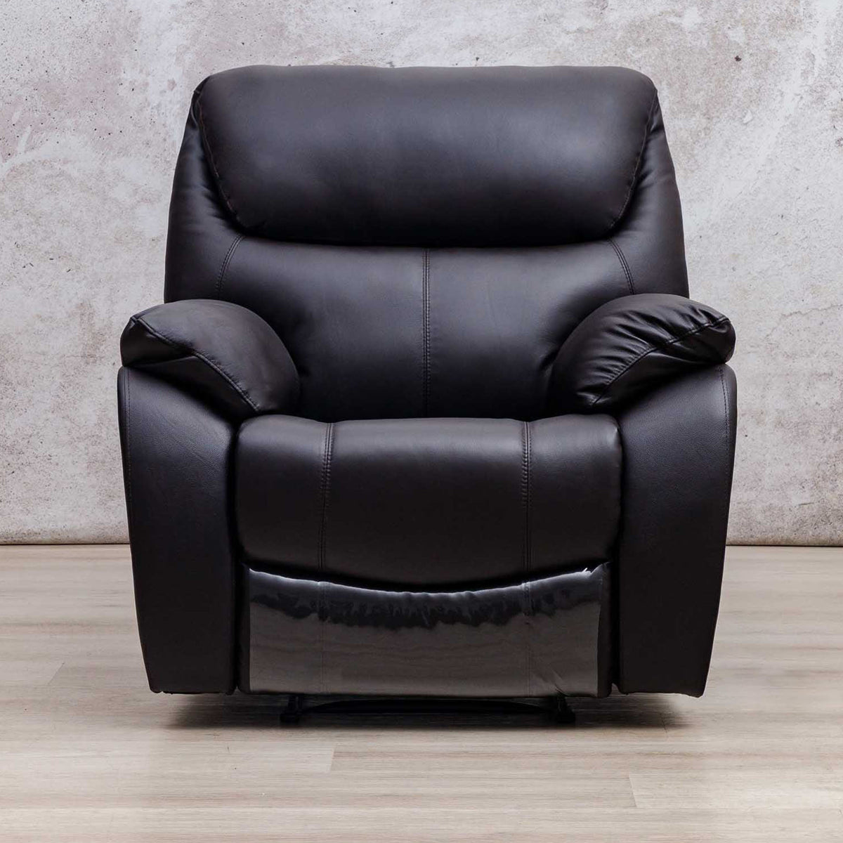 Front view of the Leather Gallery Cairo 1 Seater Leather Recliner in Choc, featuring a high backrest and padded armrests.