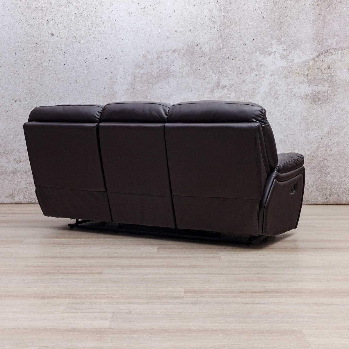 Side-rear view of the Leather Gallery Cairo 3 Seater Leather Recliner in Choc, showing its leather upholstery and reclining design.