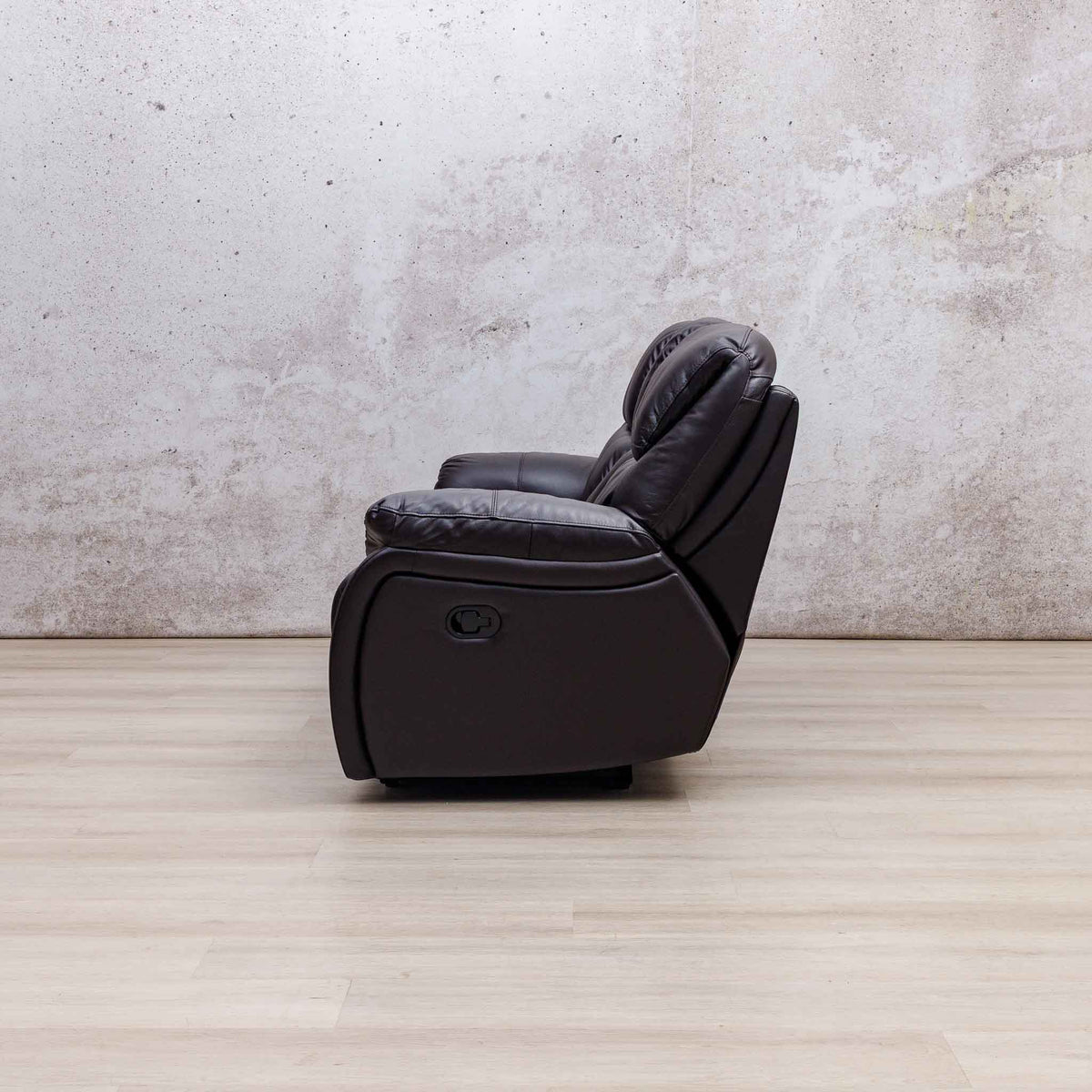Side view of the Leather Gallery Cairo 3 Seater Leather Recliner in Choc, showing its leather upholstery and recliner profile.