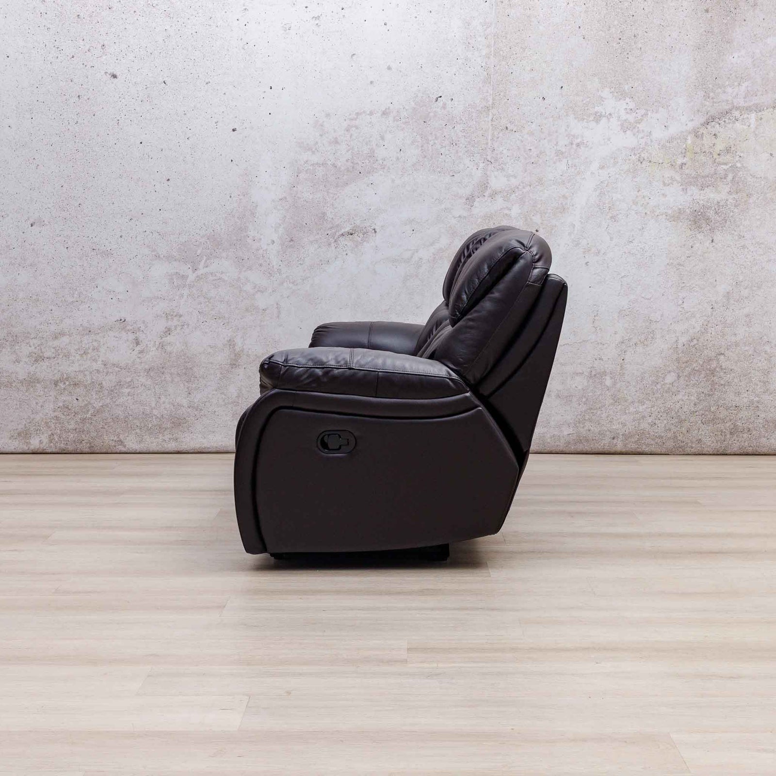 Side view of the Leather Gallery Cairo 3 Seater Leather Recliner in Choc, showing its leather upholstery and recliner profile.