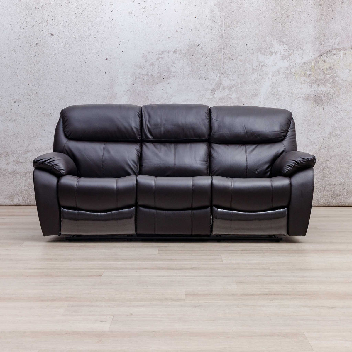 Leather Gallery Cairo 3 Seater Leather Recliner in Choc, featuring padded backrests, armrests, and reclining seats.
