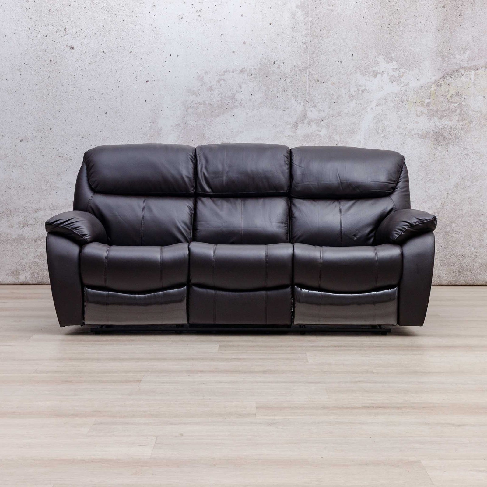 Leather Gallery Cairo 3 Seater Leather Recliner in Choc, featuring padded backrests, armrests, and reclining seats.