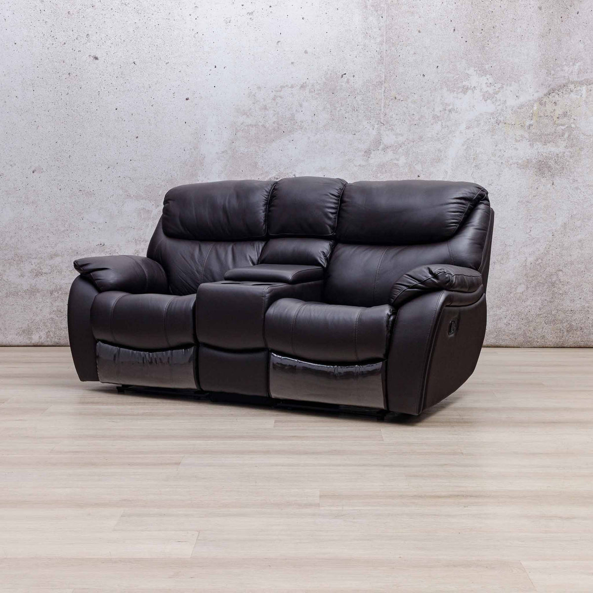 Leather Gallery Cairo 2 Seater Leather Recliner in Choc, featuring a centre console and reclining seats.