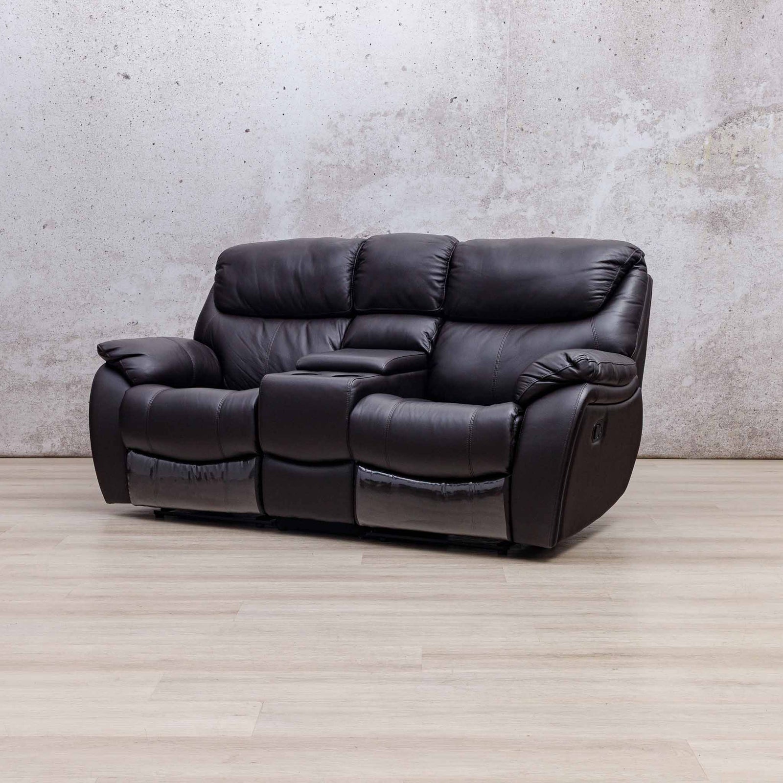 Leather Gallery Cairo 2 Seater Leather Recliner in Choc, featuring a centre console and reclining seats.