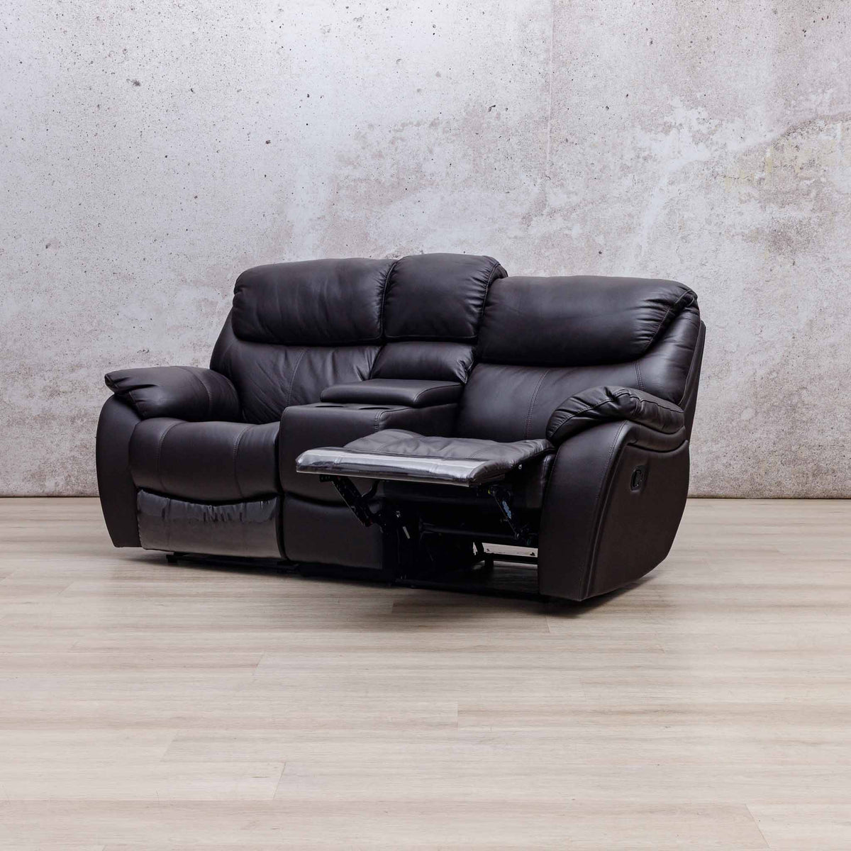 Leather Gallery Cairo 2 Seater Leather Recliner in Choc, shown with one footrest extended.