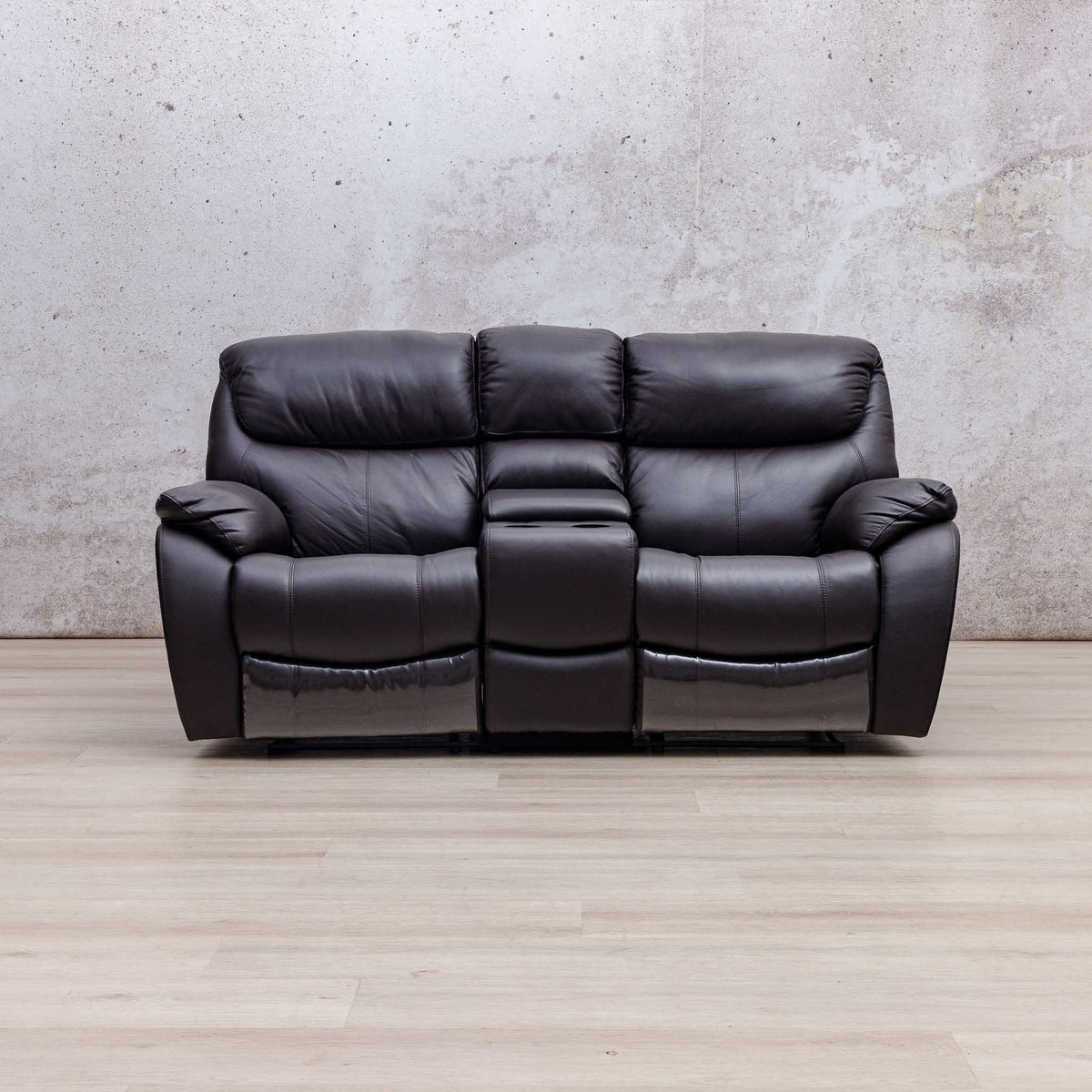 Leather Gallery Cairo 2 Seater Leather Recliner in Choc, featuring reclining seats and a centre console.