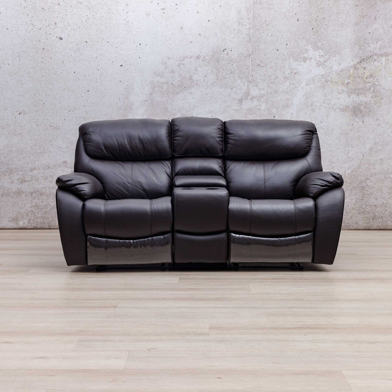 Leather Gallery Cairo 2 Seater Leather Recliner in Choc, featuring reclining seats and a centre console.