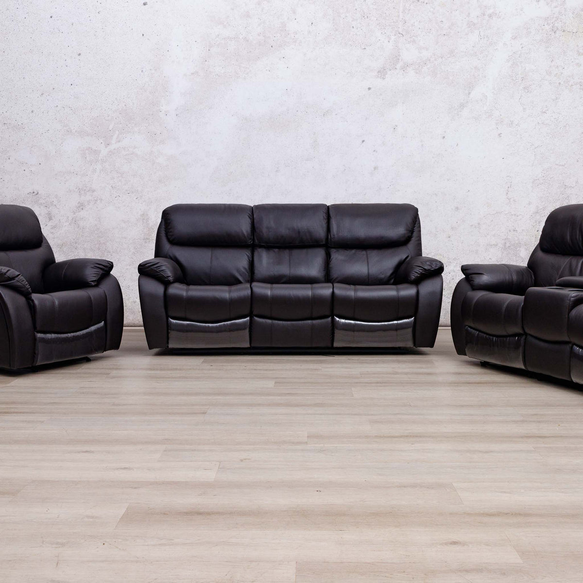 Leather Gallery Cairo 3+2+1 Leather Recliner Home Theatre Suite in Choc, featuring a reclining loveseat with two matching recliner chairs.