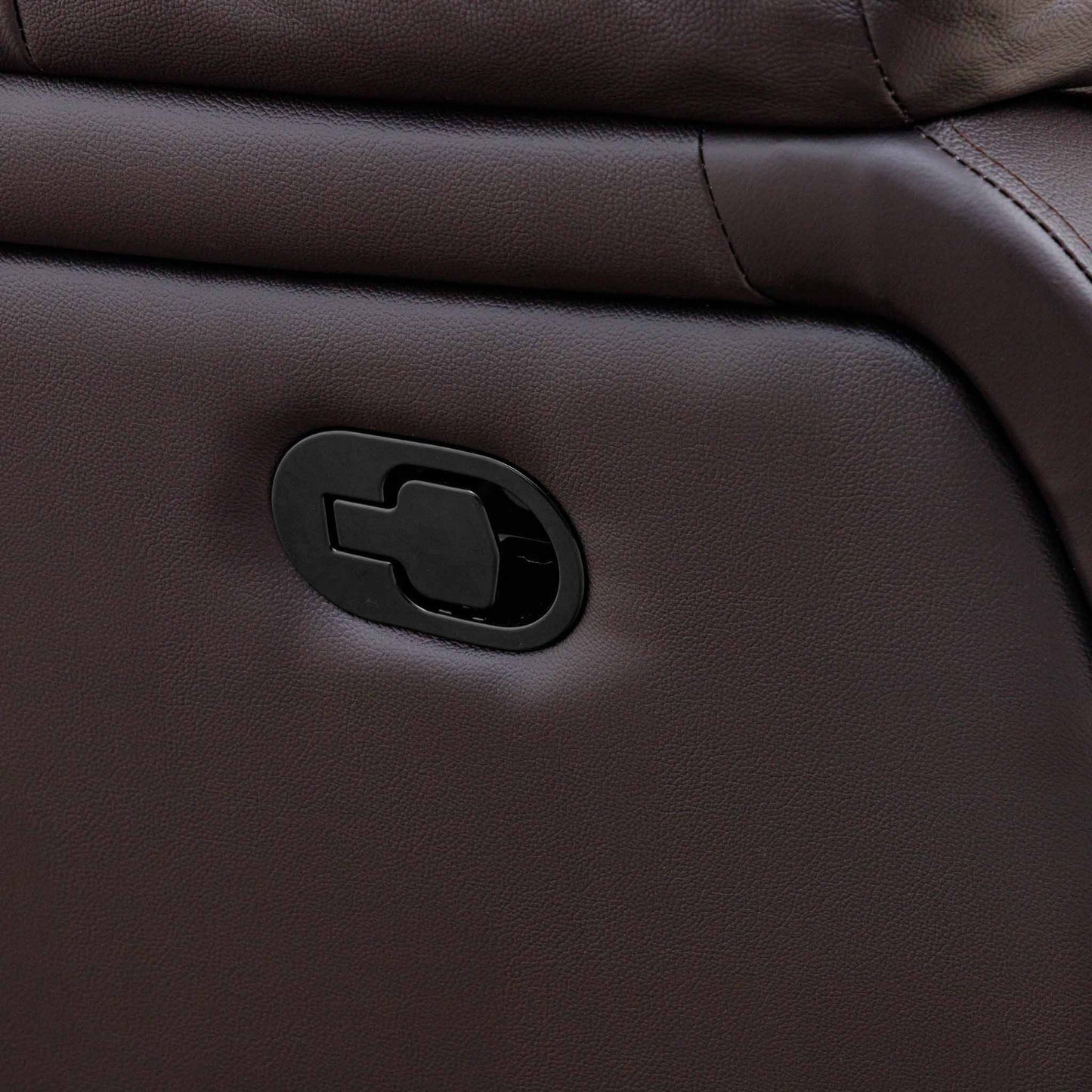 Close-up of the Leather Gallery Cairo 1 Seater Leather Recliner in Choc, showing the backrest and black oval recliner control.