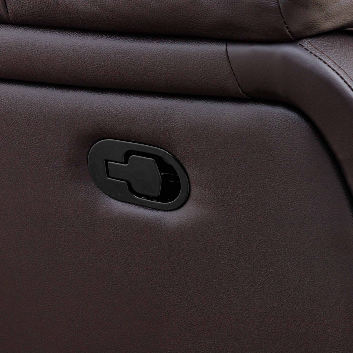 Close-up of the Leather Gallery Cairo 1 Seater Leather Recliner in Choc, showing the backrest and black oval recliner control.