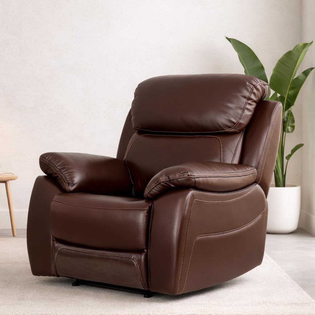 Choc leather rise & recline chair designed for living room comfort with a stylish finish.