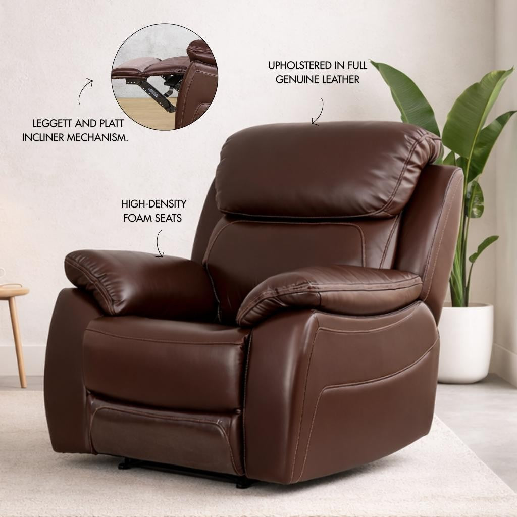 Choc leather rise & recline chair designed for living room comfort with a stylish finish.