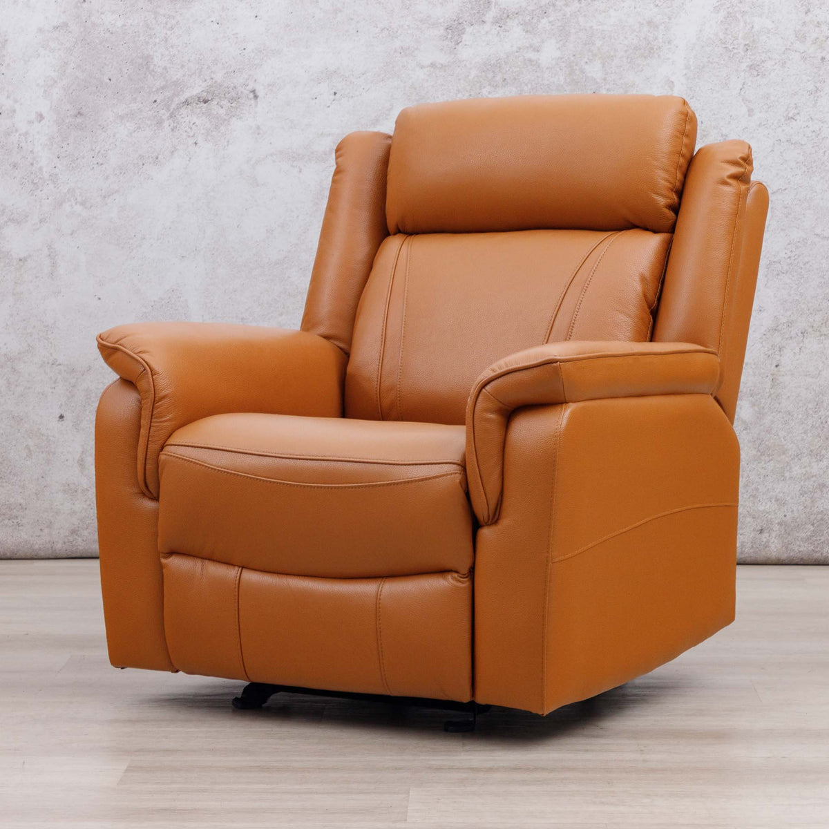 Leather Gallery Carter 1 Seater Leather Recliner Chair in Tan, featuring a high backrest and padded headrest.