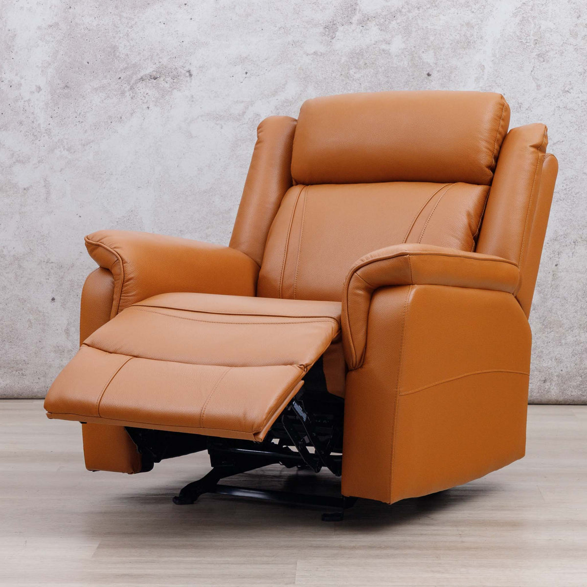 Leather Gallery Carter 1 Seater Leather Recliner Chair in Tan, shown with the footrest extended.